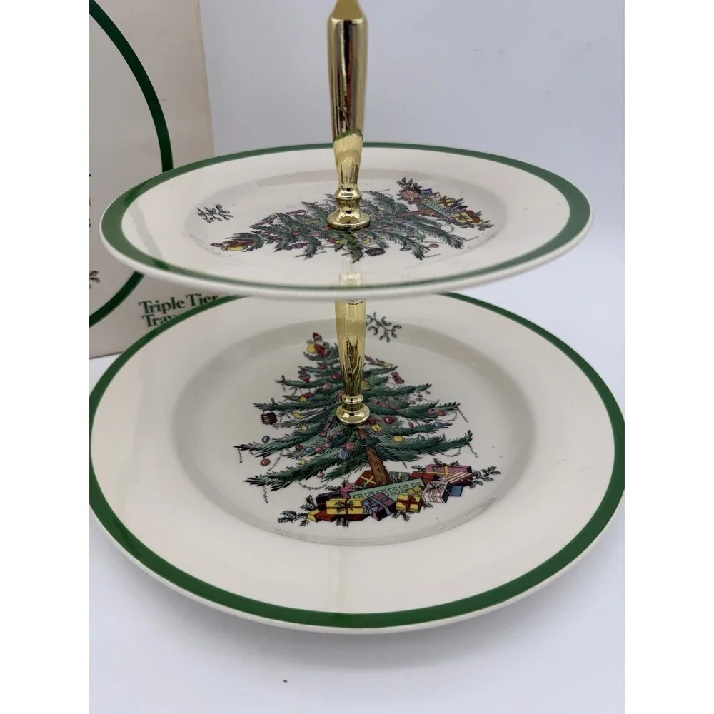 Spode Christmas Tree Triple 3 Tier Serving Tray Cookie Stand England Porcelain B